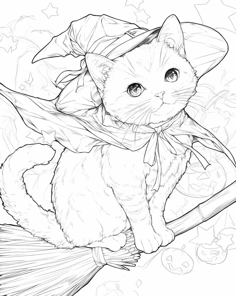 魔女の帽子をかぶった猫