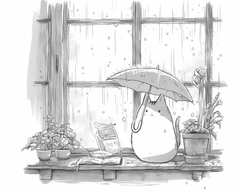 雨の日の窓辺の猫