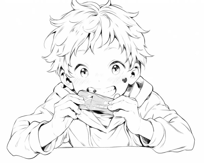 大きなチョコレートをかじる男の子