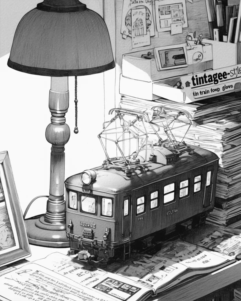 机の上の小さな電車