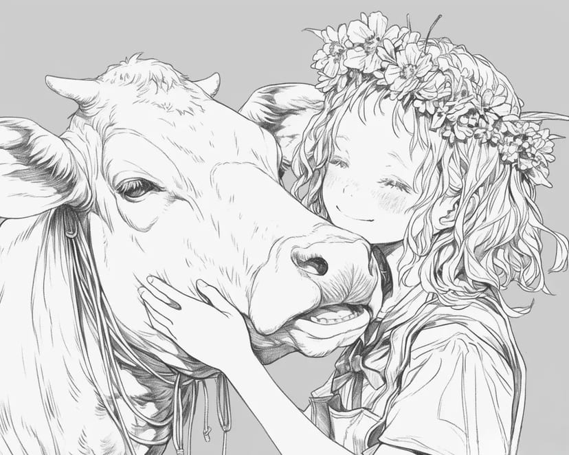 Fille avec Couronne de Fleurs et Vache
