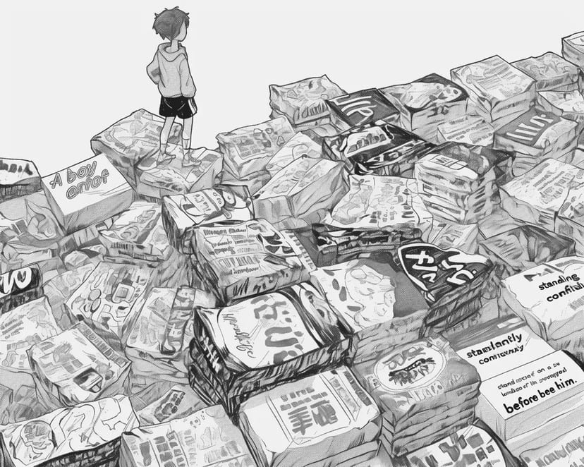 マンガの山と少年