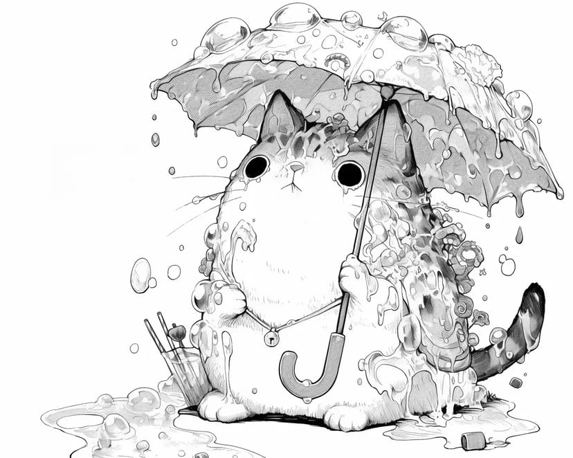 雨の中のふわふわ猫