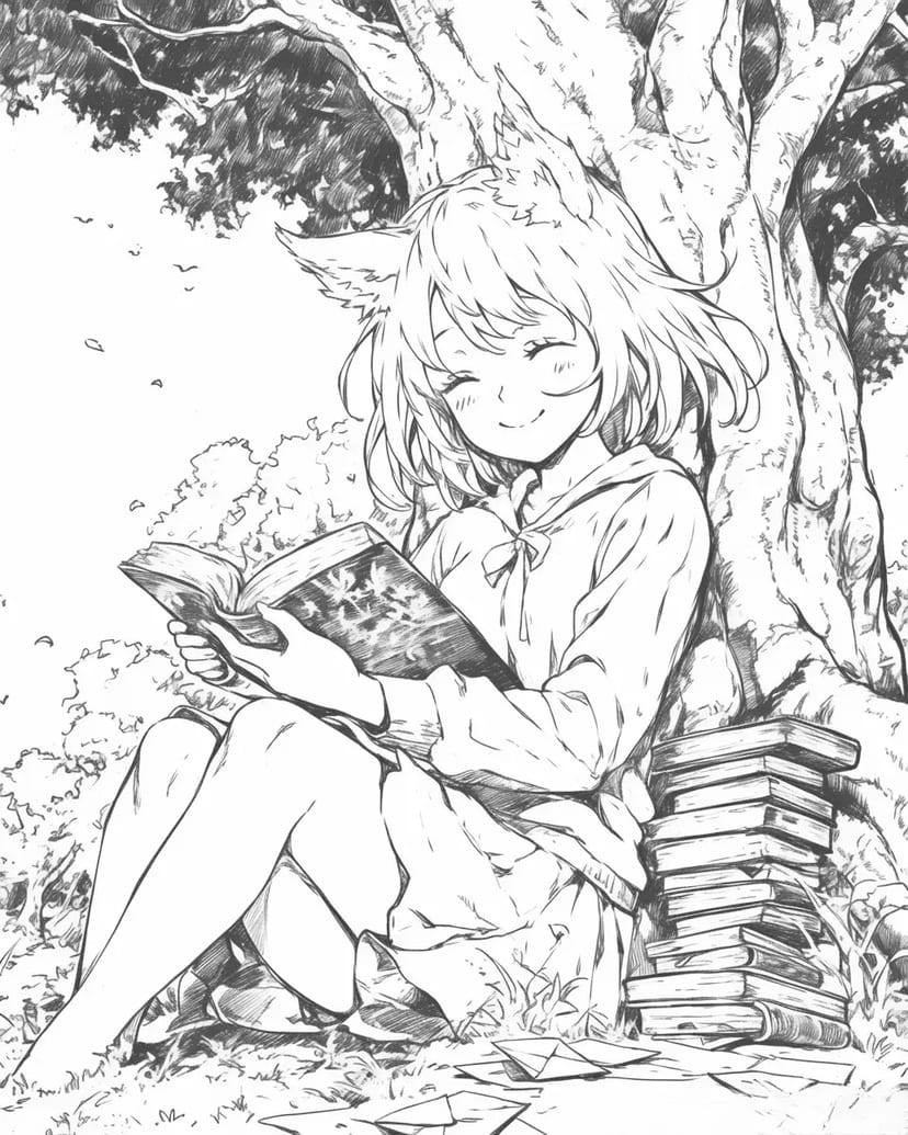 木陰で読書する少女