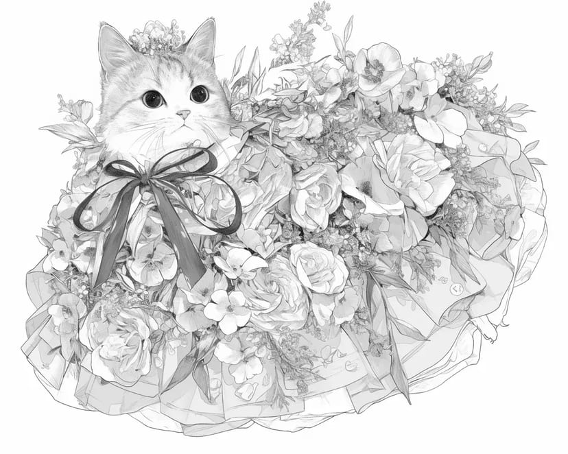 花のドレスをまとったネコ