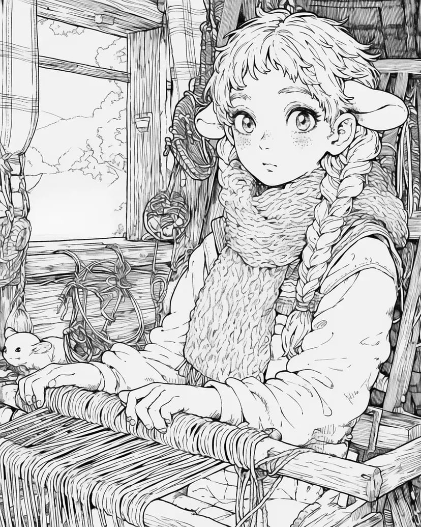 羊飼いの少女と木製の織機