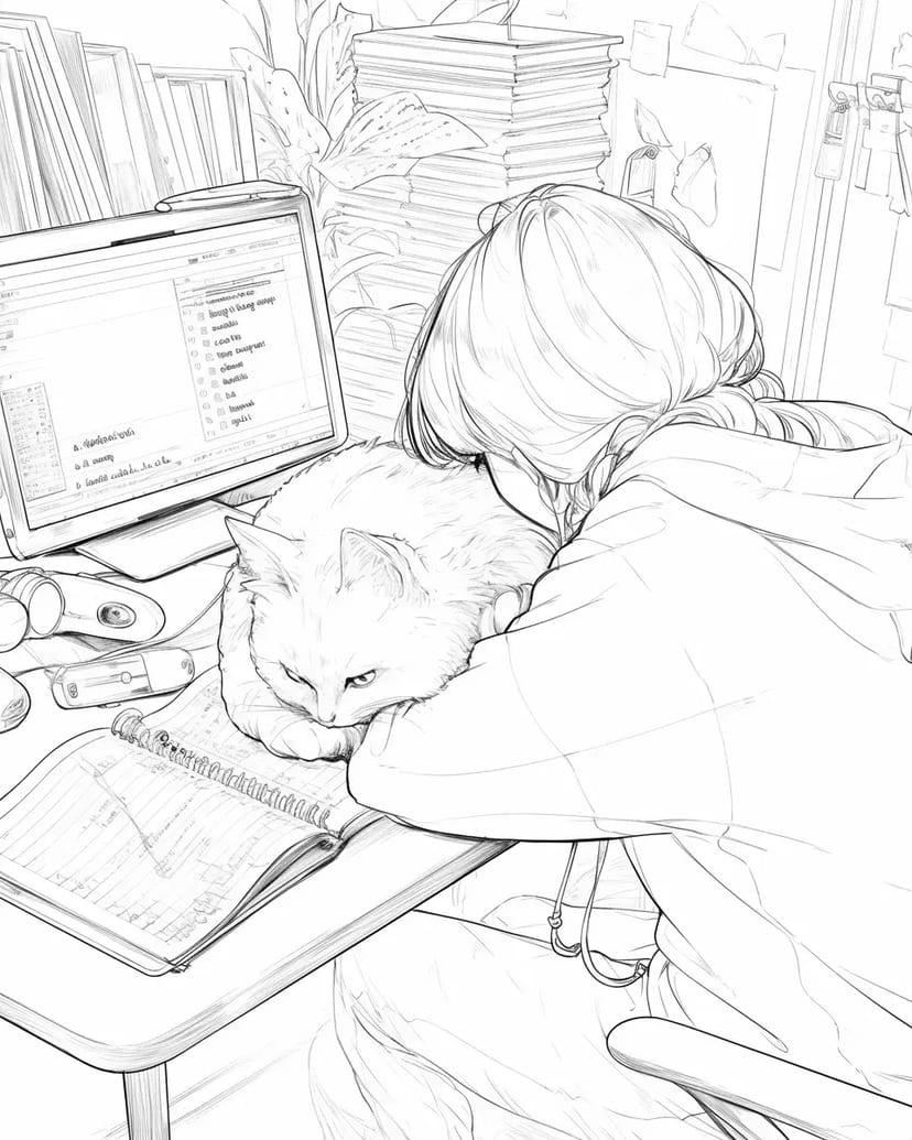 デスクでくつろぐ猫と少女