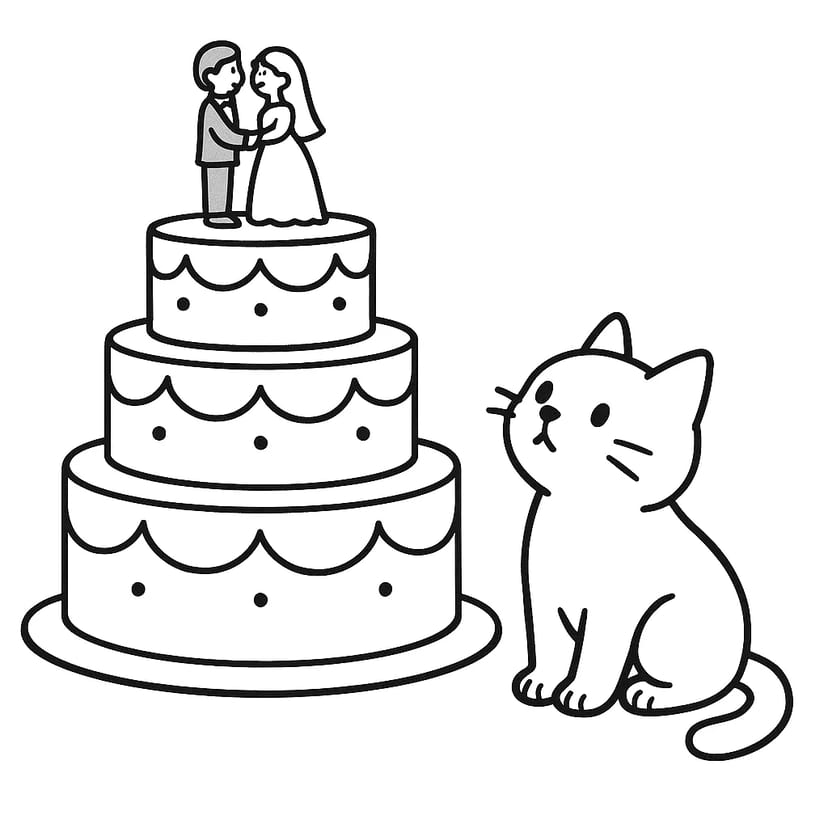 結婚式のケーキと猫