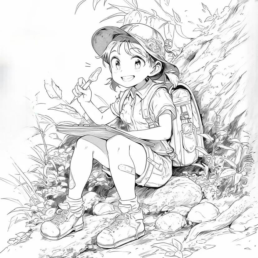 森でスケッチを楽しむ少年