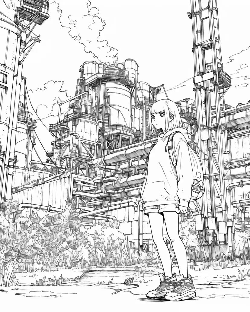 未来の工場と少女