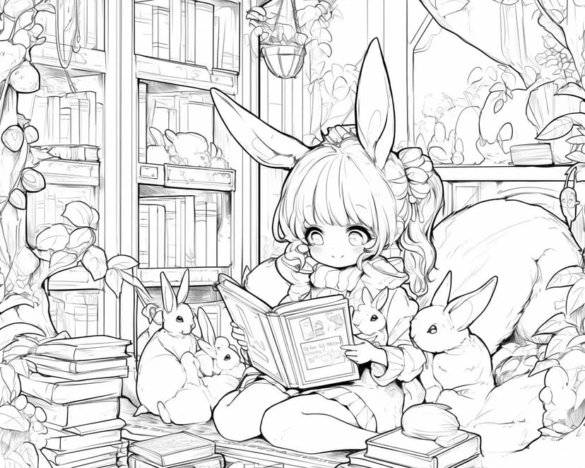 うさぎと一緒に読書タイム