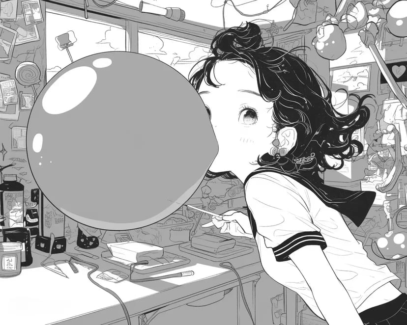 大きなガムを膨らます少女