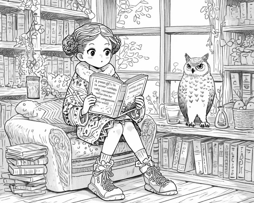 読書の少女とフクロウ