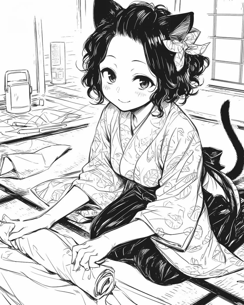 猫耳の女の子と畳の折り紙