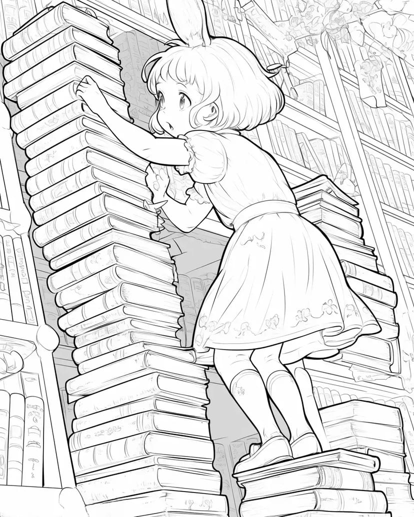 本の塔を登る少女