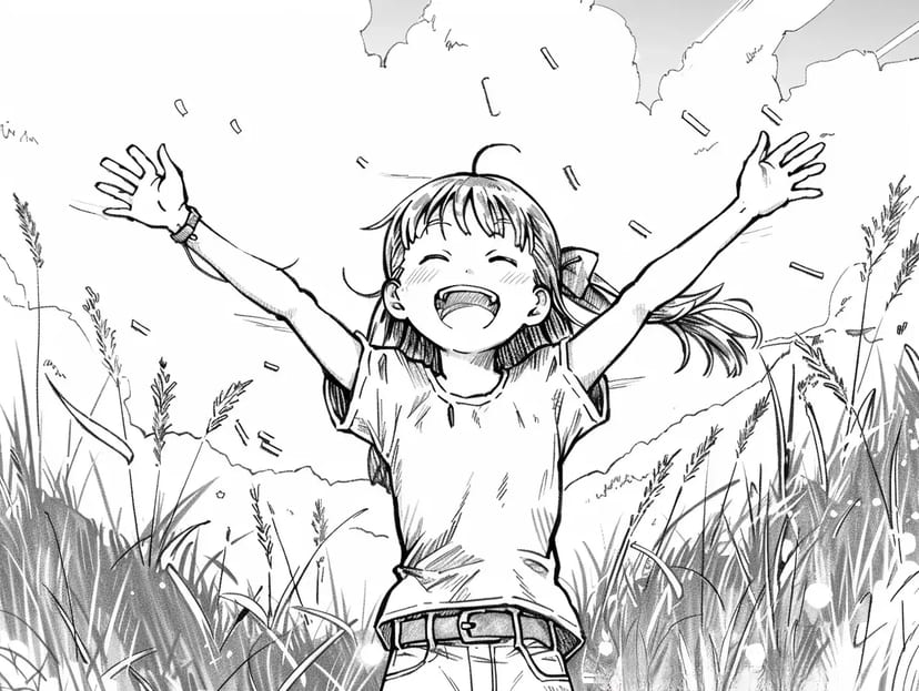 草原で喜ぶ少女