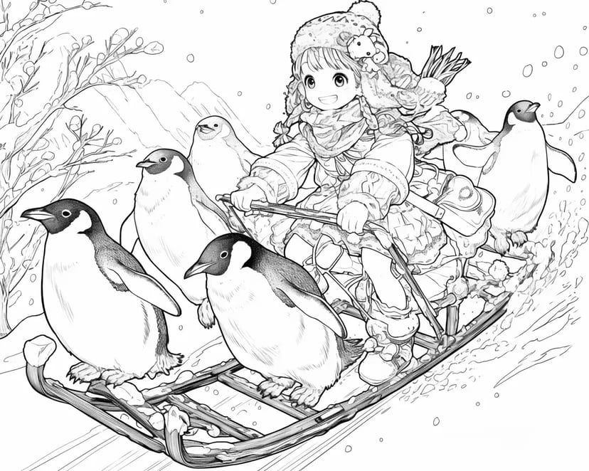 ペンギンとそり遊び