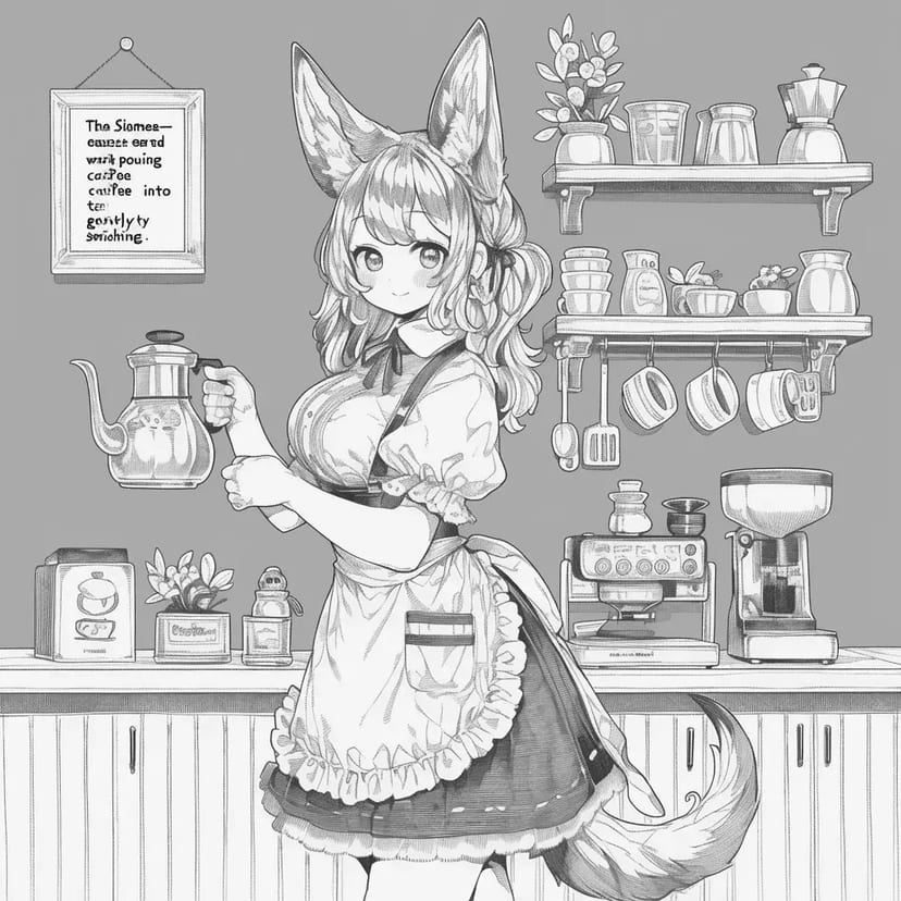 カフェで働くキツネの耳の少女