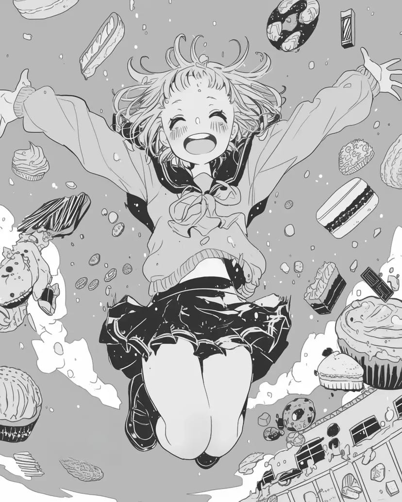 甘いお菓子の世界へ飛び込む少女
