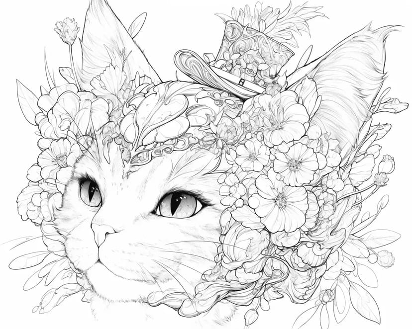 花の帽子をかぶった猫