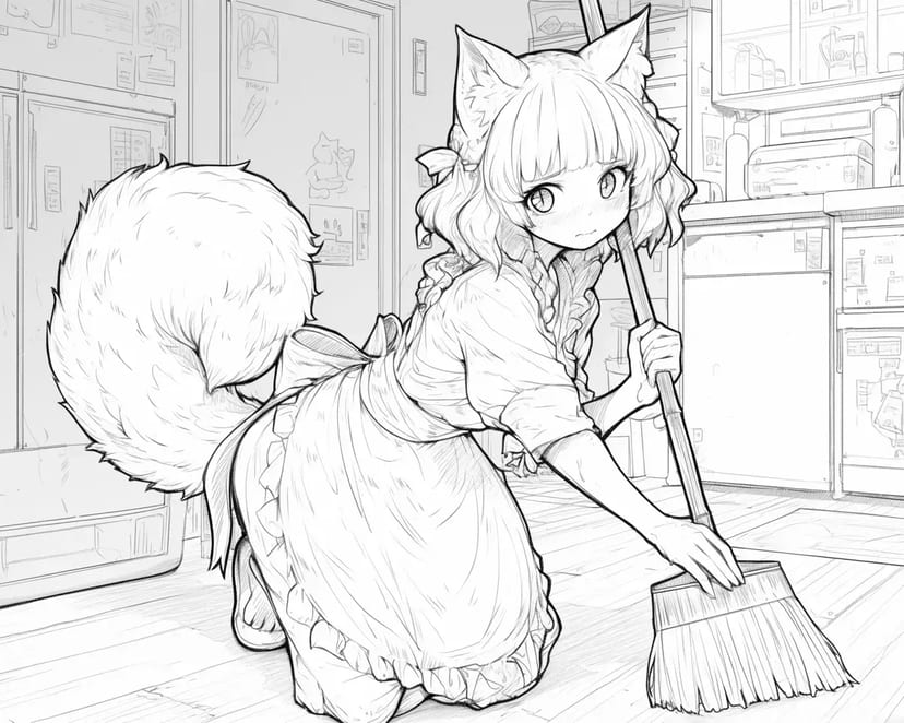 お掃除する猫耳少女