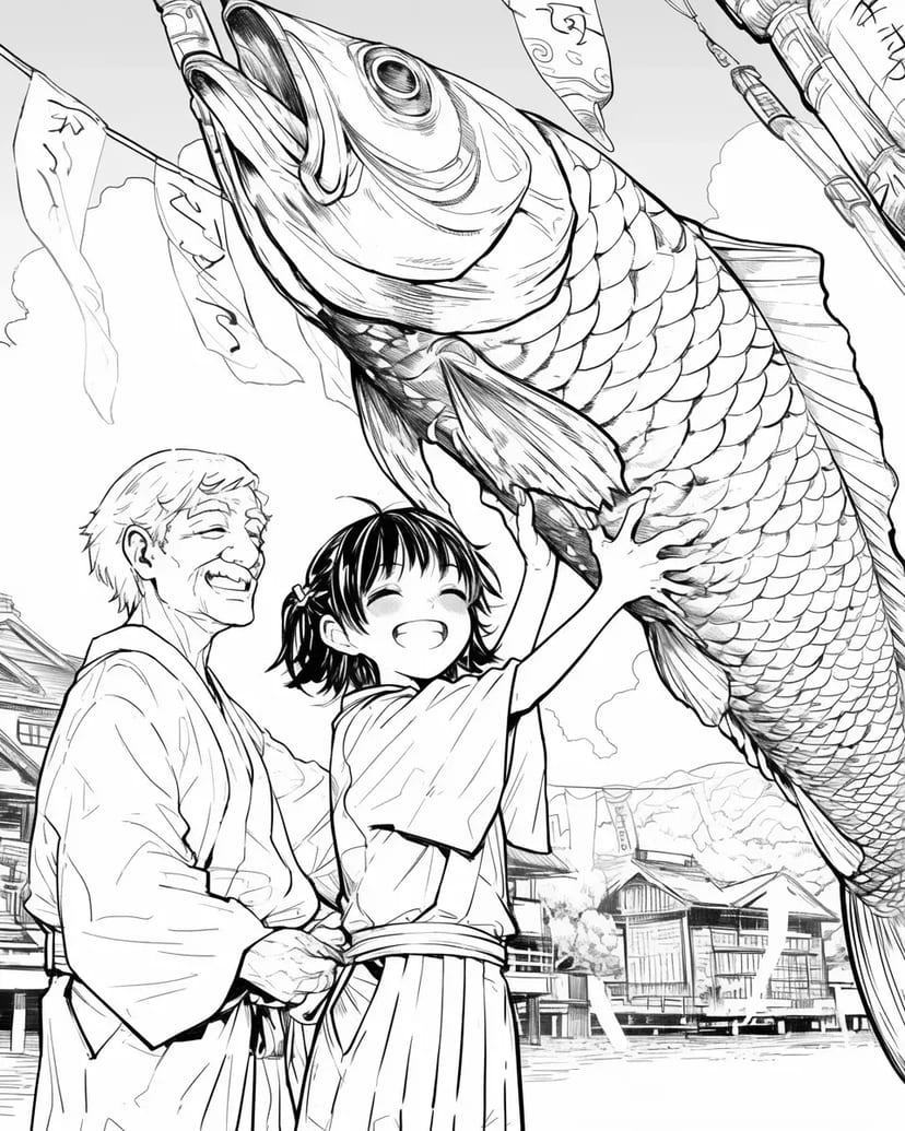 鯉のぼりと祖父と孫