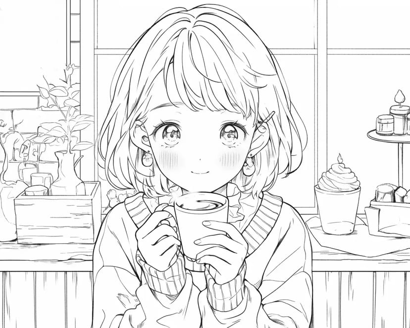 カフェでホットココアを楽しむ女の子