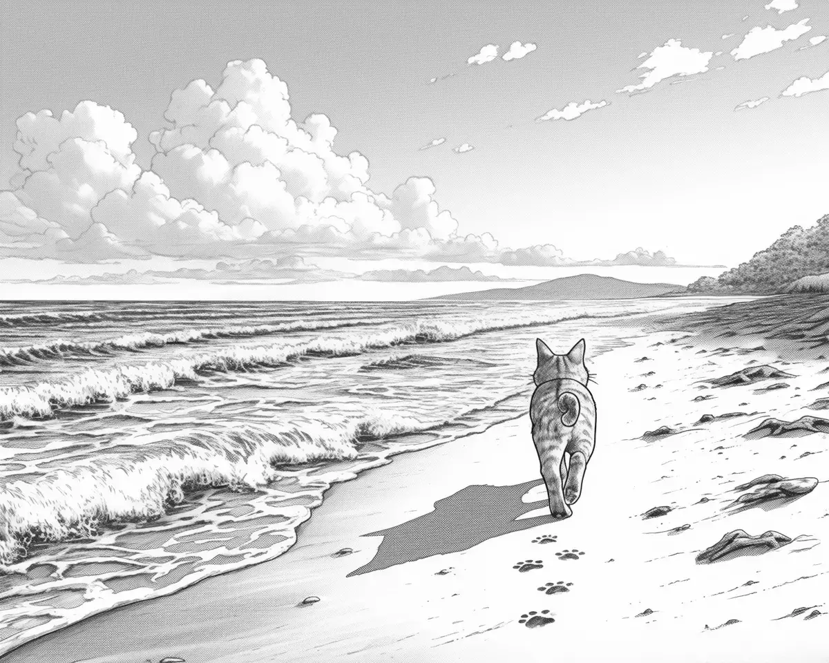 海辺を歩く猫