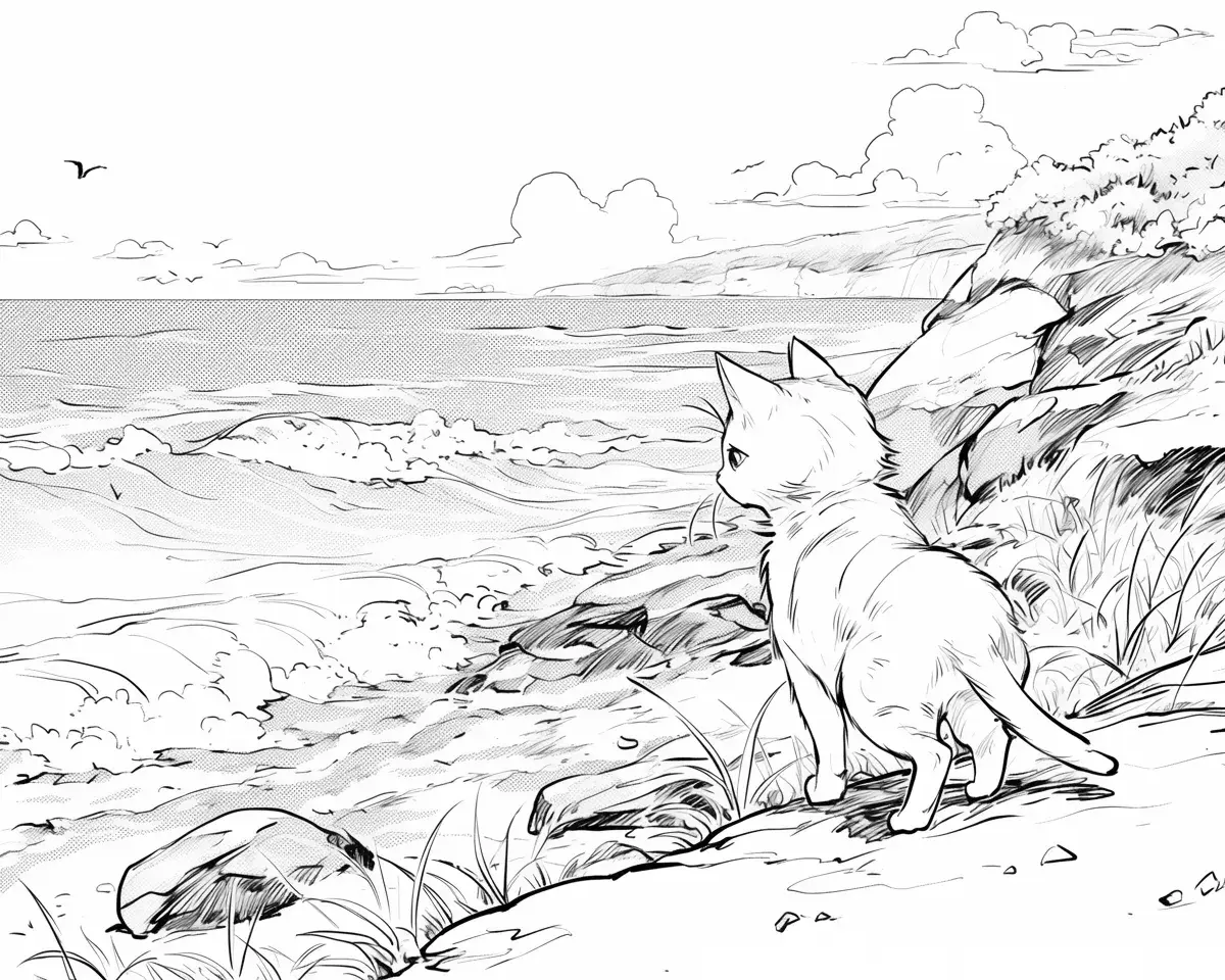 海辺の好奇心旺盛な猫