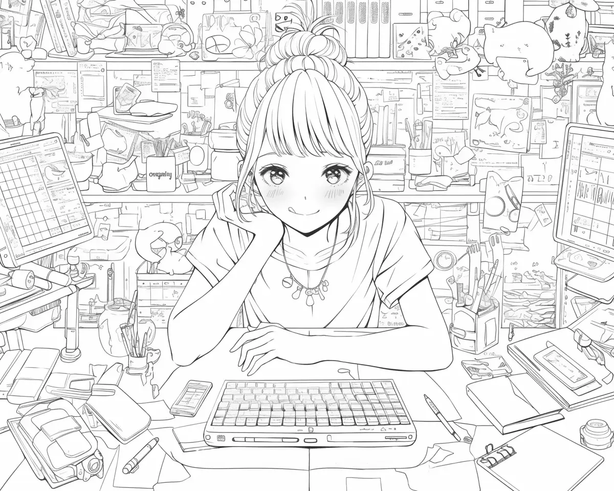 クリエイティブなデスクの少女
