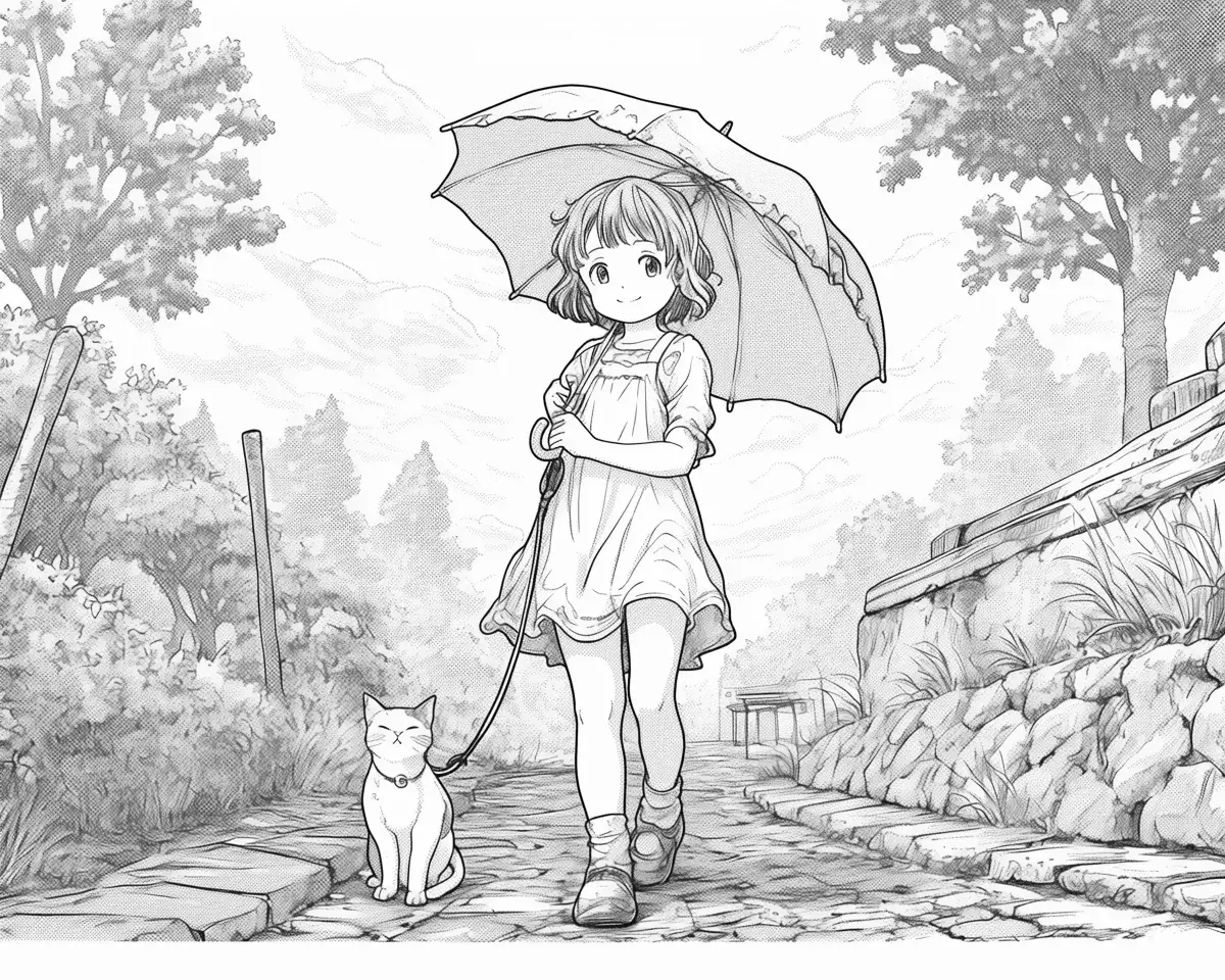 傘を持った少女と猫