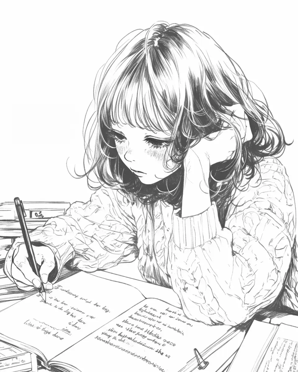 夢中でスケッチする少女