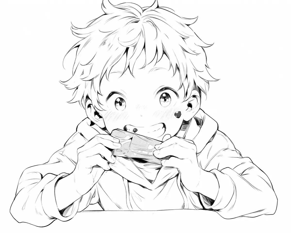 大きなチョコレートをかじる男の子